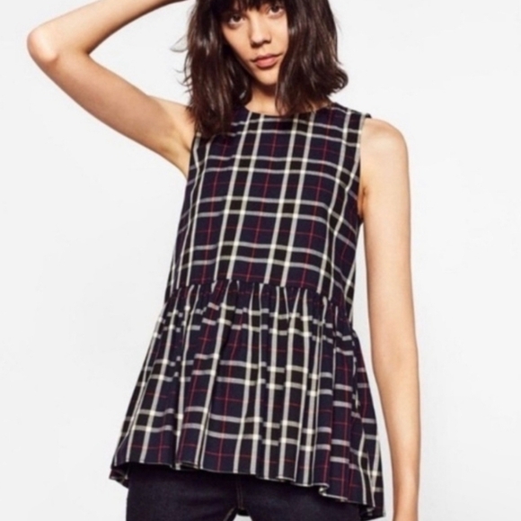 Zara Sleeveless Plaid Back Tie Peplum Top- size XS - Picture 1 of 7